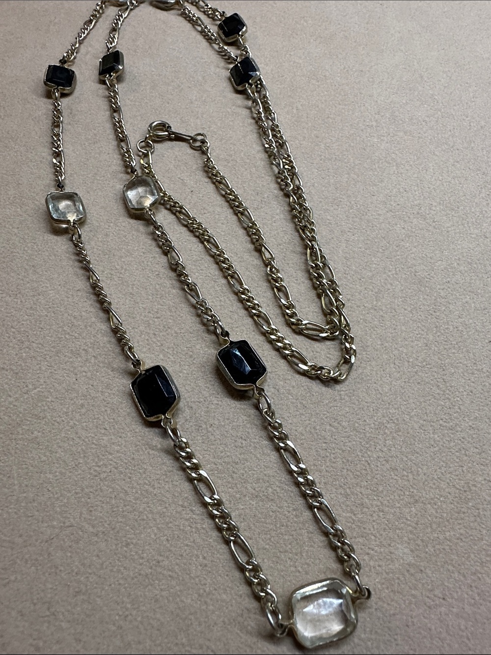 Vintage Station Necklace Black and Clear Multi-Stone Chain Long Faceted 1960s